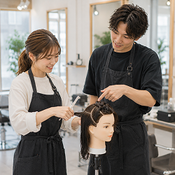 マネキンヘッドを使って技術指導をするglowのスタッフ