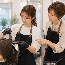 カラー剤を使いながら指導を受けるglowのスタッフ