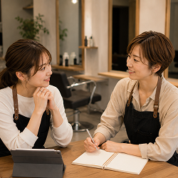 タブレットを見ながら相談し合うglowのスタッフ